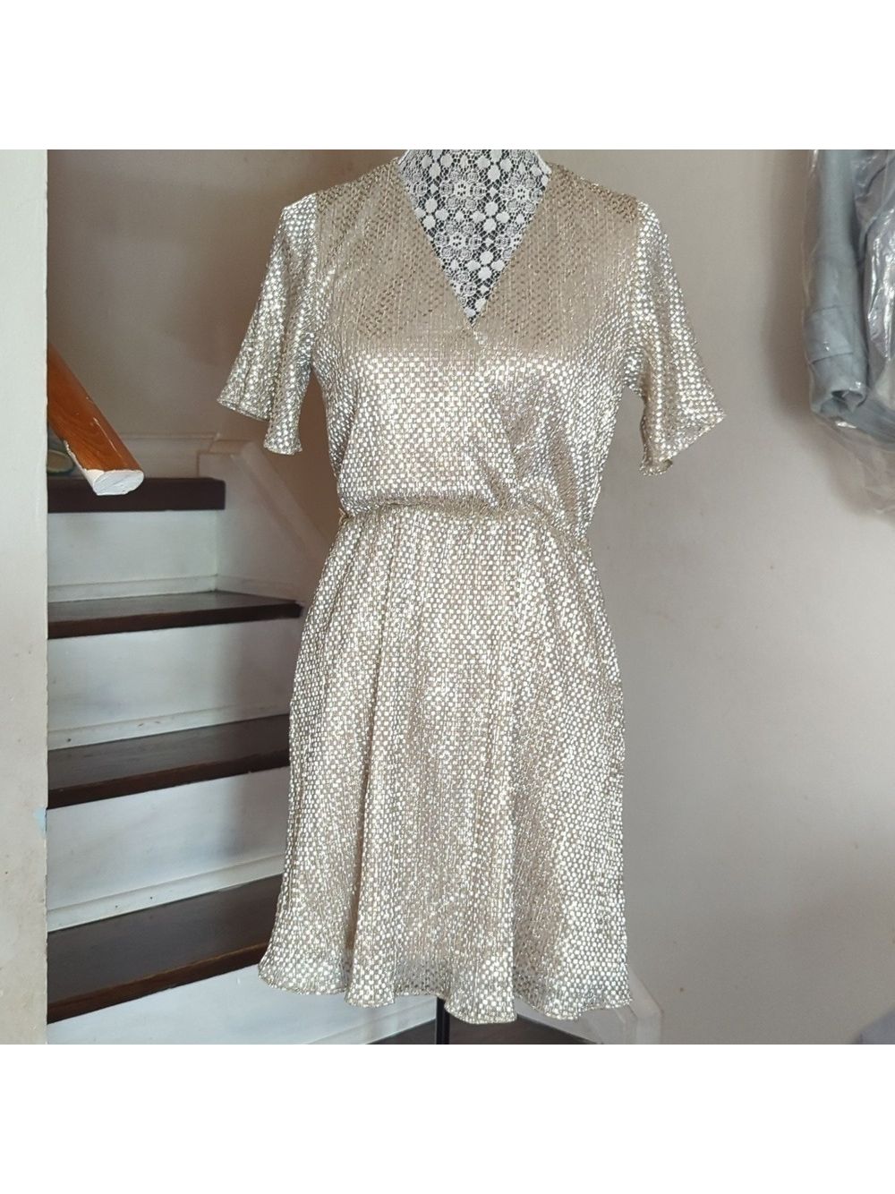 Anthropologie Waverly Grey Fante Shimmer Mini Dress Gold Shine